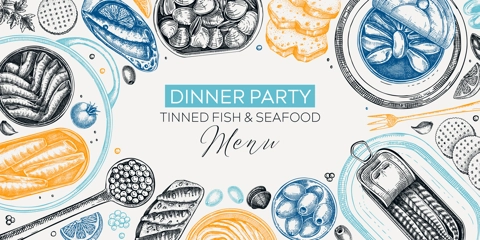 Canned fish frame design in color. Seafood background with hand drawn sardines, anchovy, mackerel, tuna, mussels in tin cans, fish canapes, olives, crackers and lemons sketches.